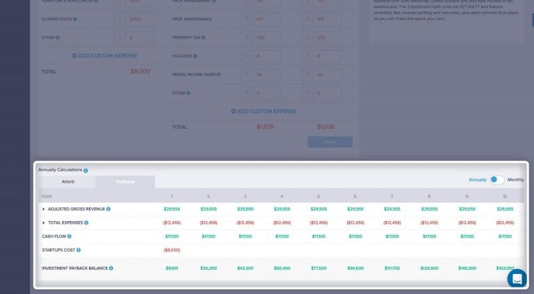 sections of the investment property return calculator