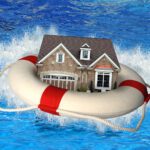 A house in a life preserver crashing on water