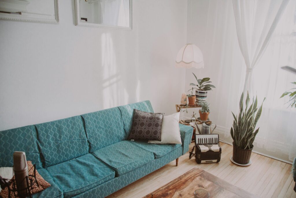 Blue futon in a living room