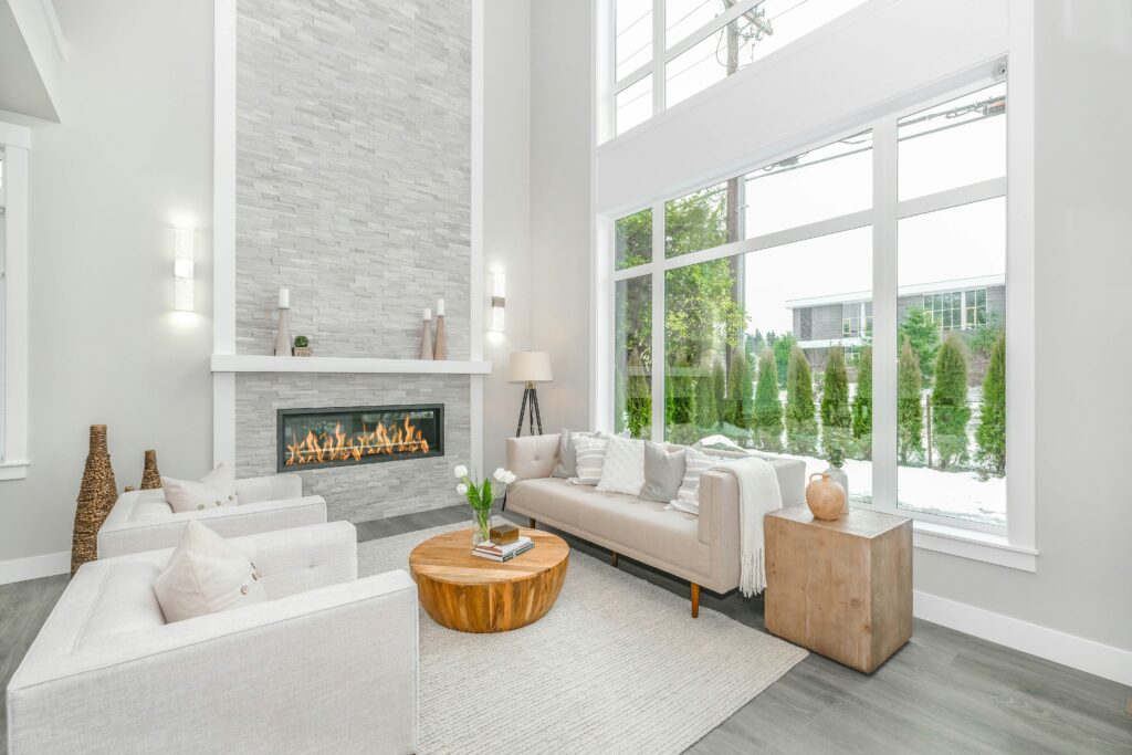 Modern living room with fireplace.