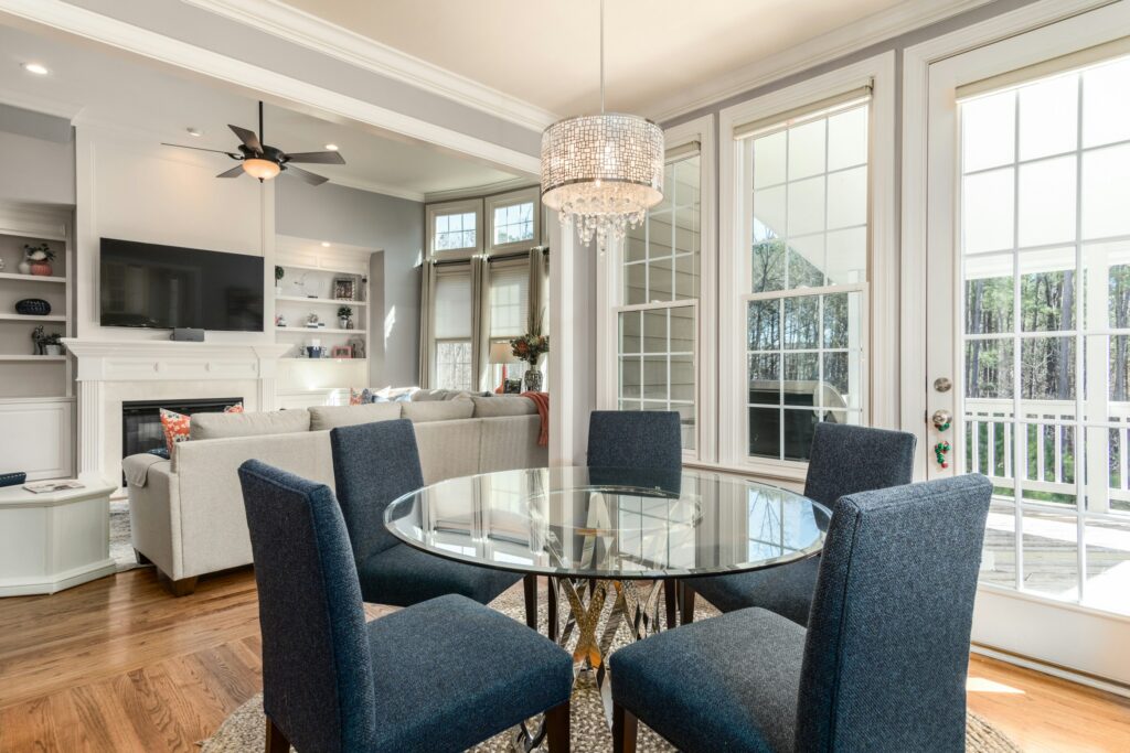 Living room with blue chairs