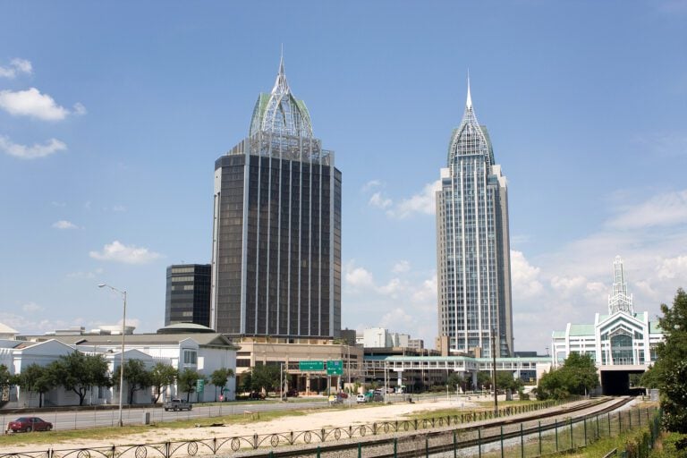 Skyscrapers in the skyline of downtown Mobile, Alabama.