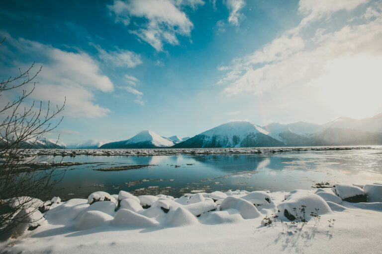 Snow-covered mountain reflections at daytime