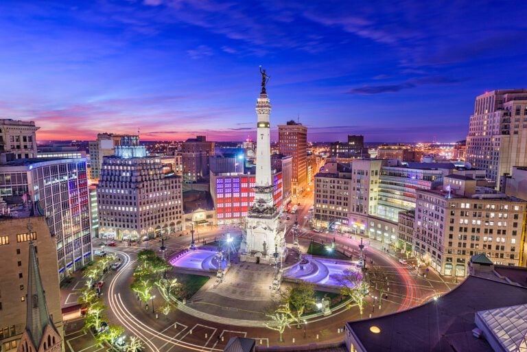 Indianapolis, Indiana, USA skyline over Monument Circle.