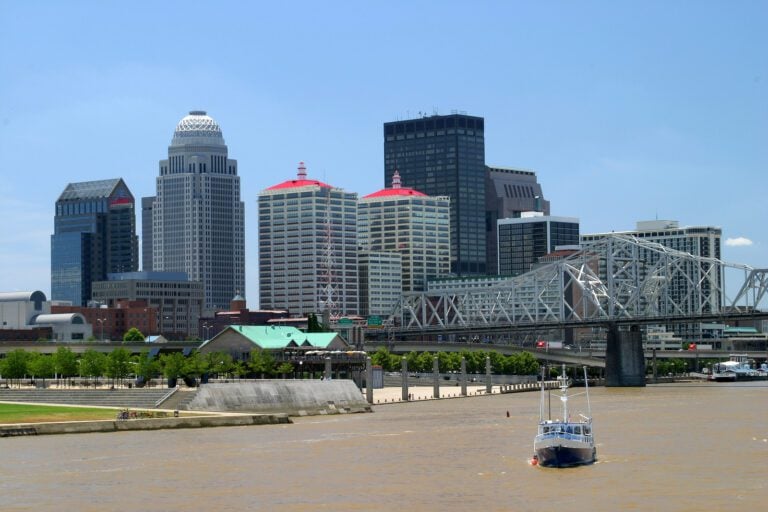 Downtown Louisville Kentucky skyline as viewed from a boat in the Ohio River