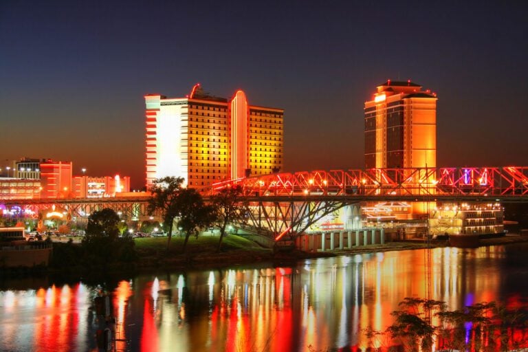 Night time cityscape with lights reflecting in the river at Shreveport, LA