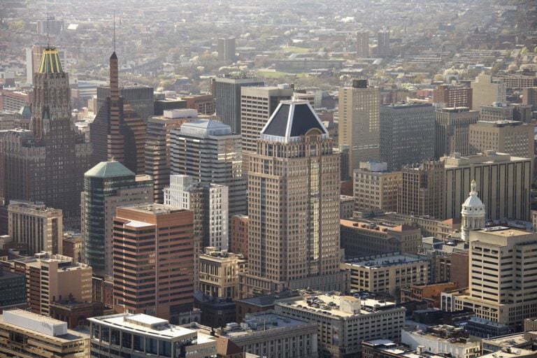 Aerial view of skyscrapers in Baltimore Maryland